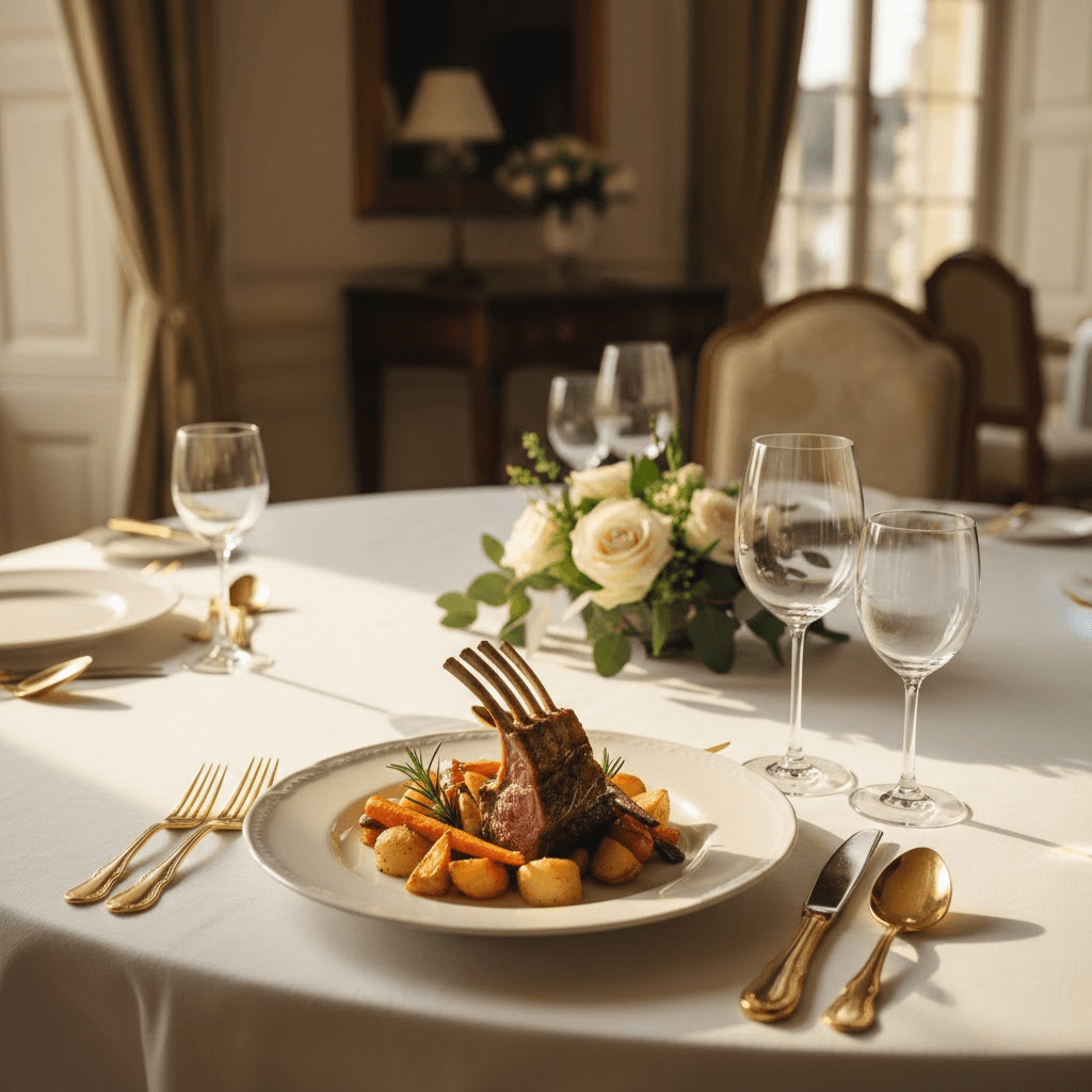 Fine dining setup with rack of lamb and white roses.