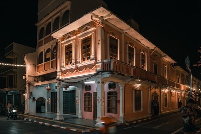 Historic Penang street corner with ornate Colonial architecture inspiring the luxury floating palace.