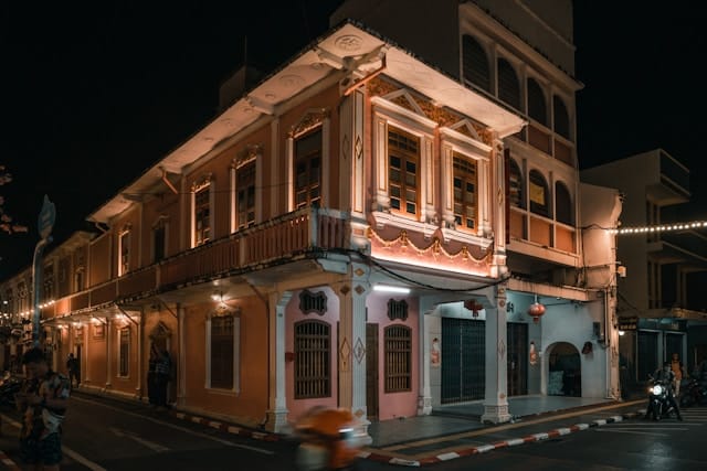Historic Penang street corner with ornate Colonial architecture inspiring the luxury floating palace.